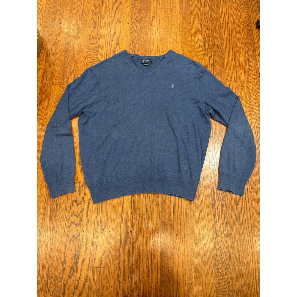 Polo Ralph Lauren Men XL Blue Pima Cotton V-Neck Sweater Heathered Pony Logo